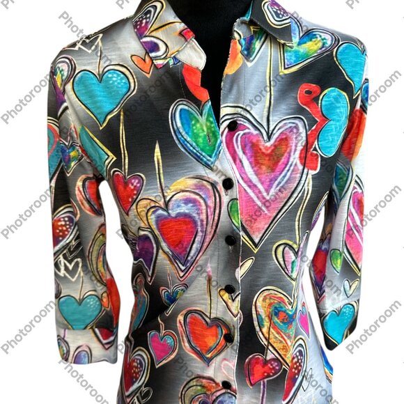 New Label XSmall Multicolor Heart 3/4 Sleeve Button Shirt - Picture 1 of 5